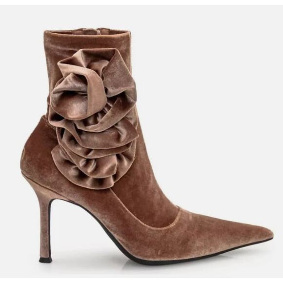 Jeffrey Campbell Shoes - Jeffrey Campbell Florette Sock Booties 6 Tan NWOT Velvet Point Toe Heel Floral